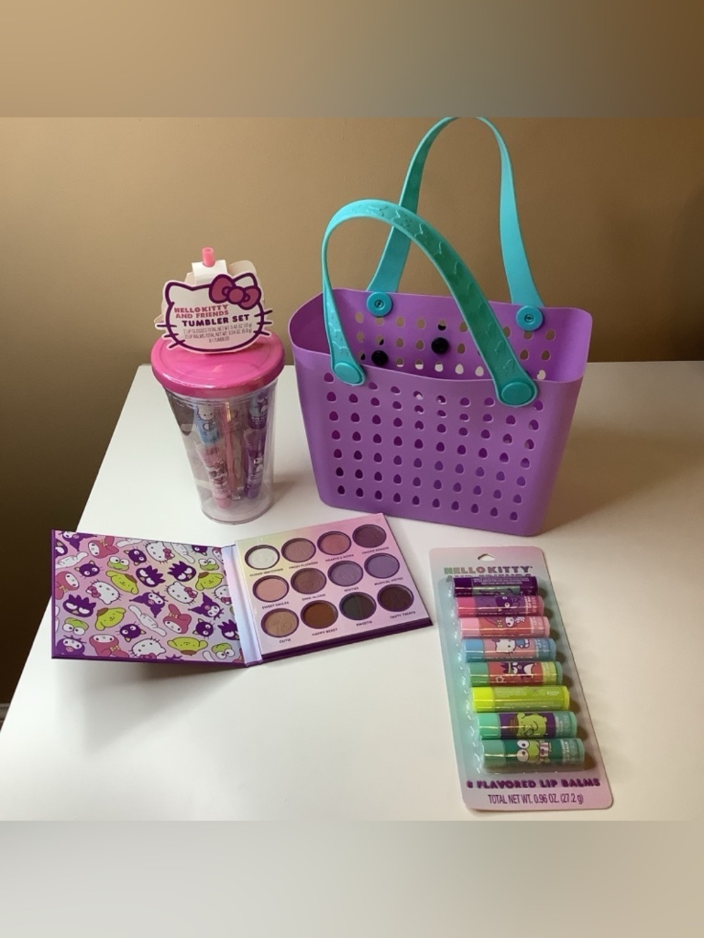 Hello Kitty & Friends ~ Eyeshadow Palette, 8 Lip Balms, Tumbler & Viral Tote Bag